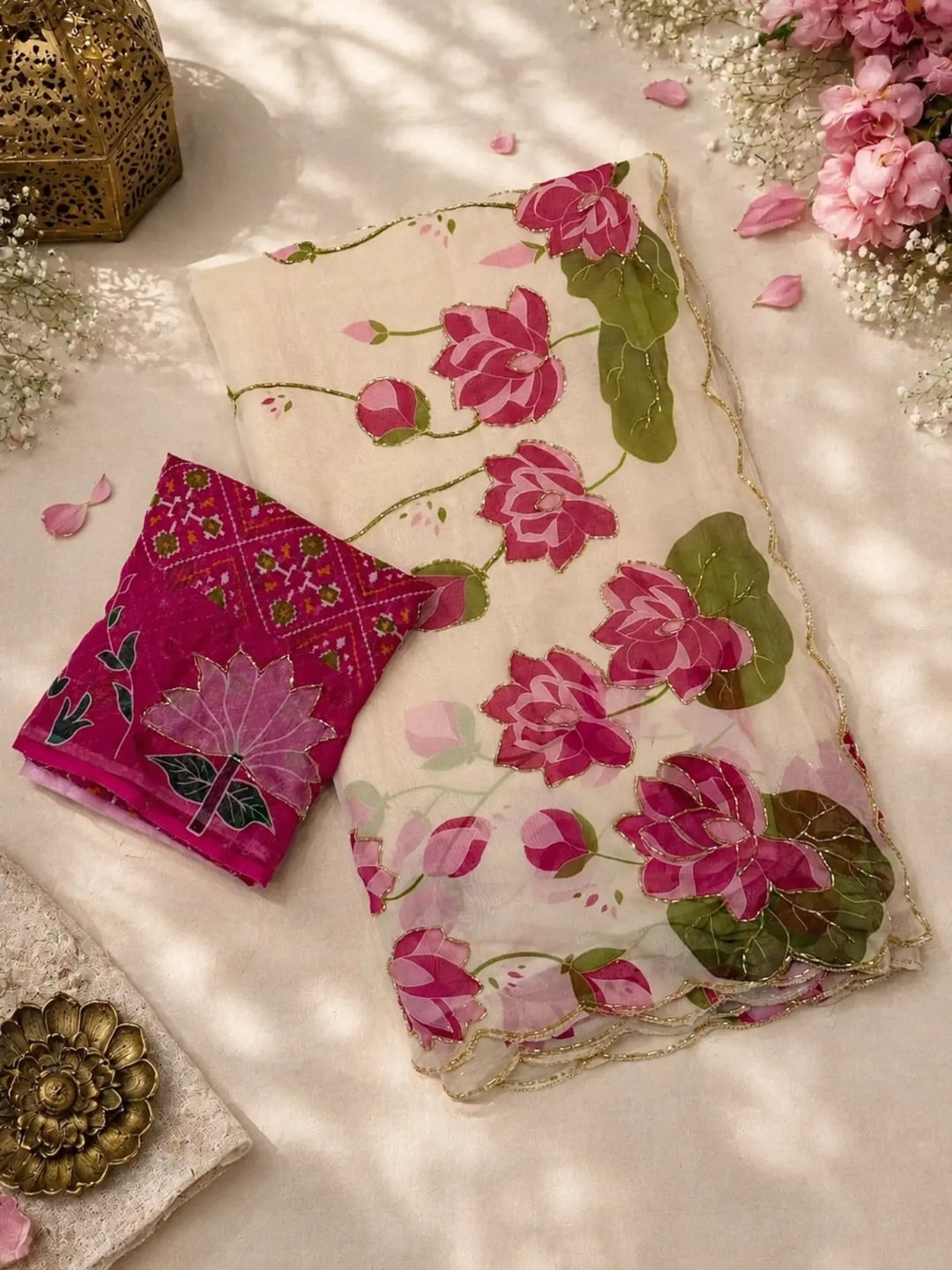 Peachmode Cream Floral Handwork Fendy Silk Saree - Image 5