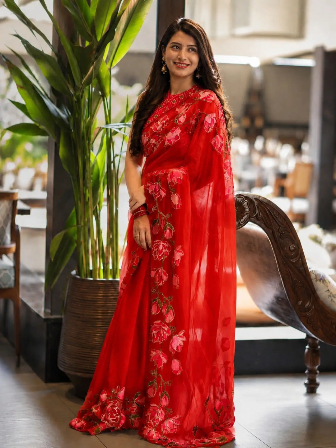 Peachmode Red Floral Handwork Fendy Silk Saree - Image 1