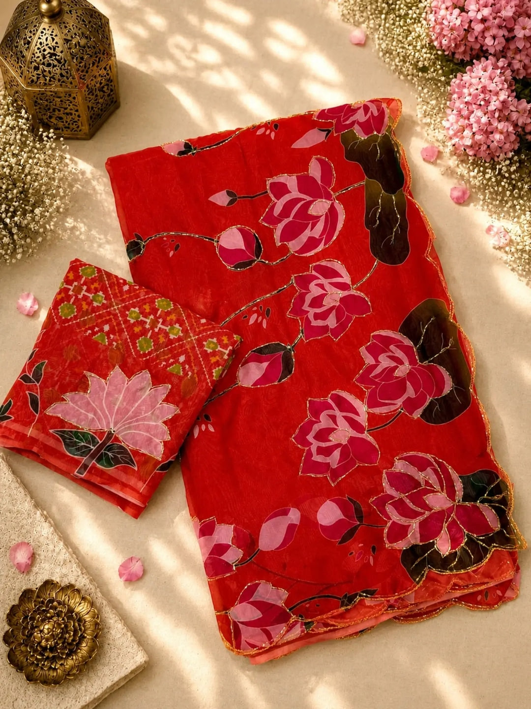 Peachmode Red Floral Handwork Fendy Silk Saree - Image 3