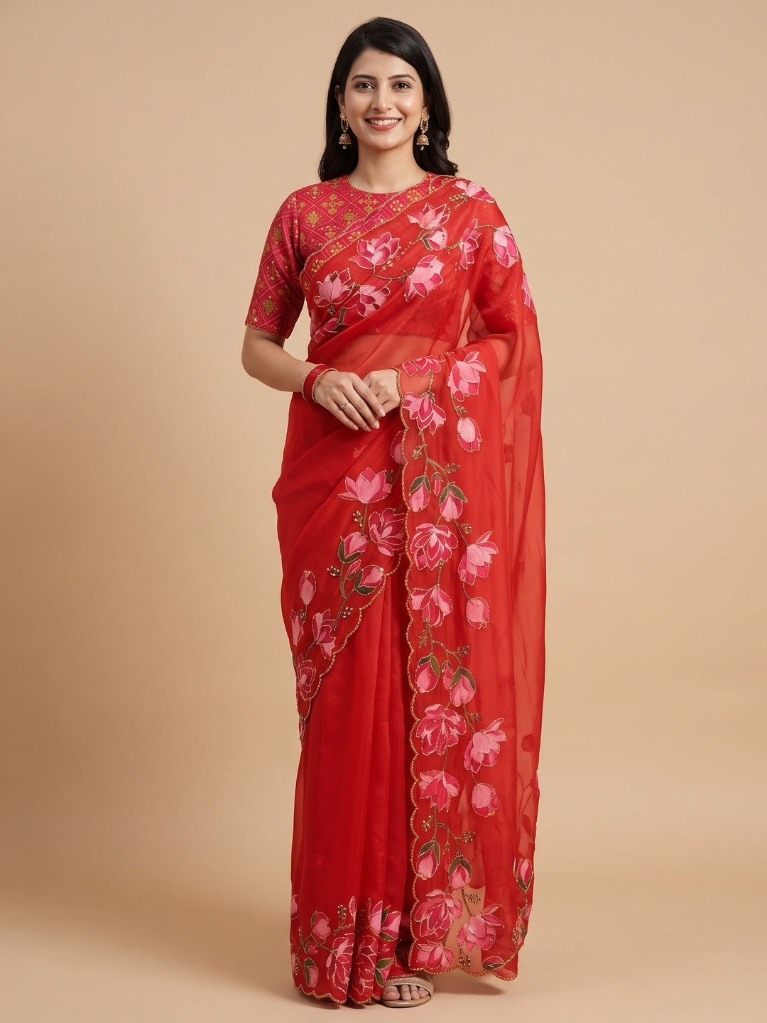Peachmode Red Floral Handwork Fendy Silk Saree - Image 4