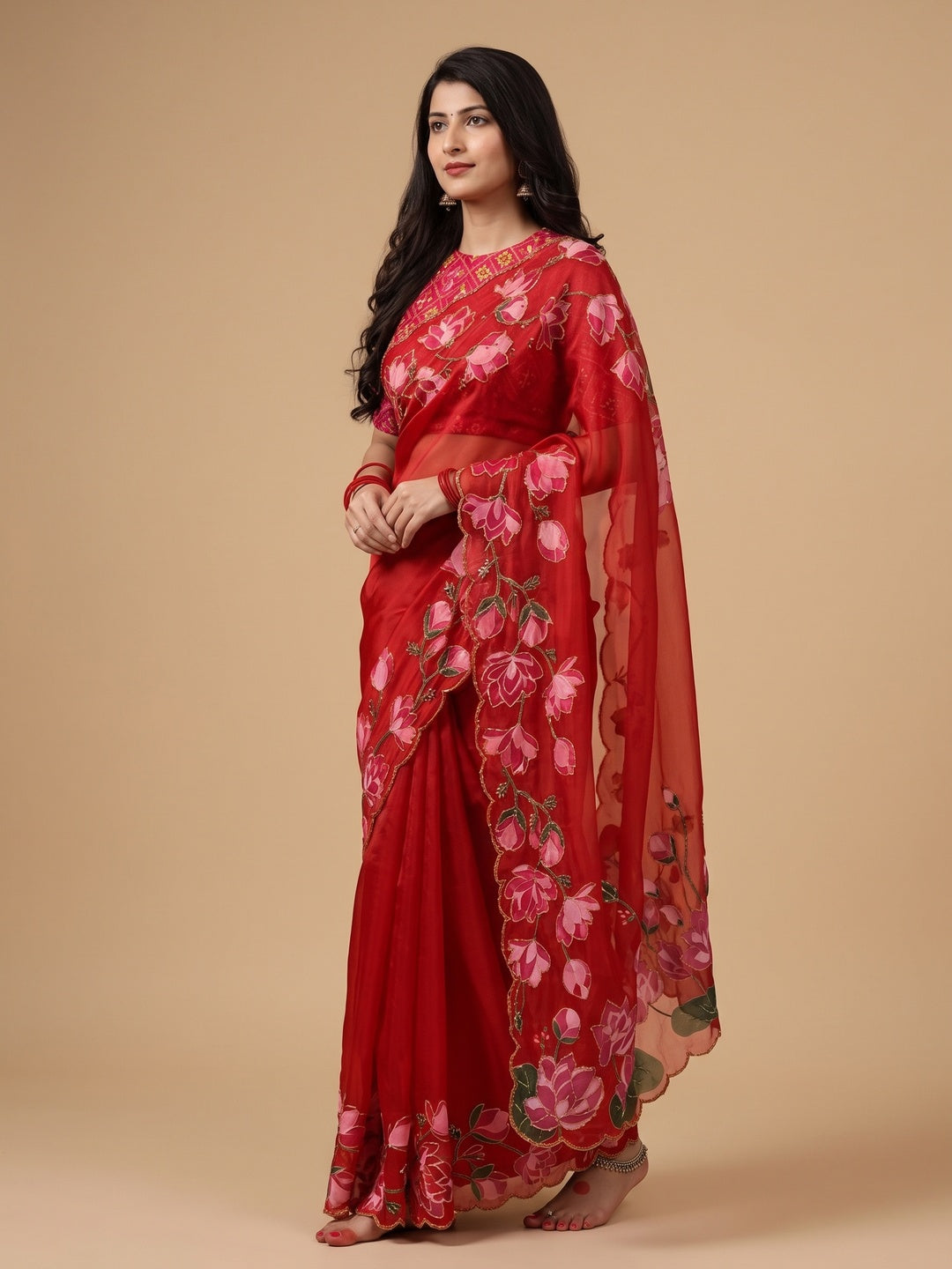 Peachmode Red Floral Handwork Fendy Silk Saree - Image 5