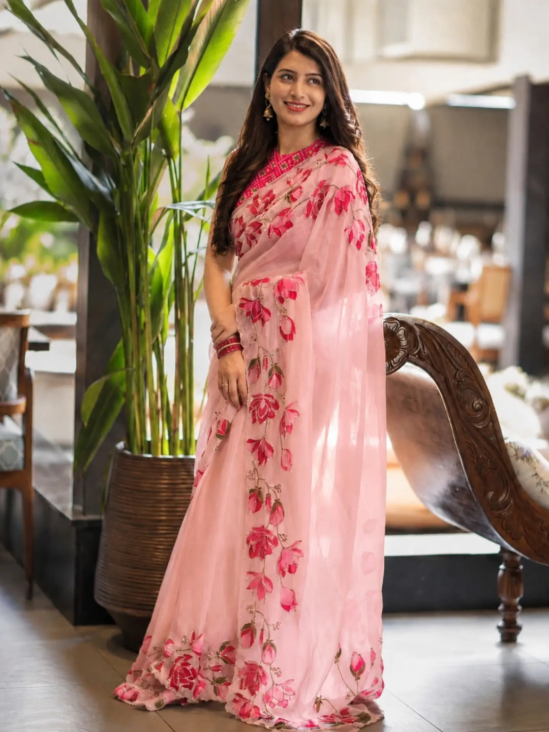 Peachmode Pink Floral Handwork Fendy Silk Saree - Image 1