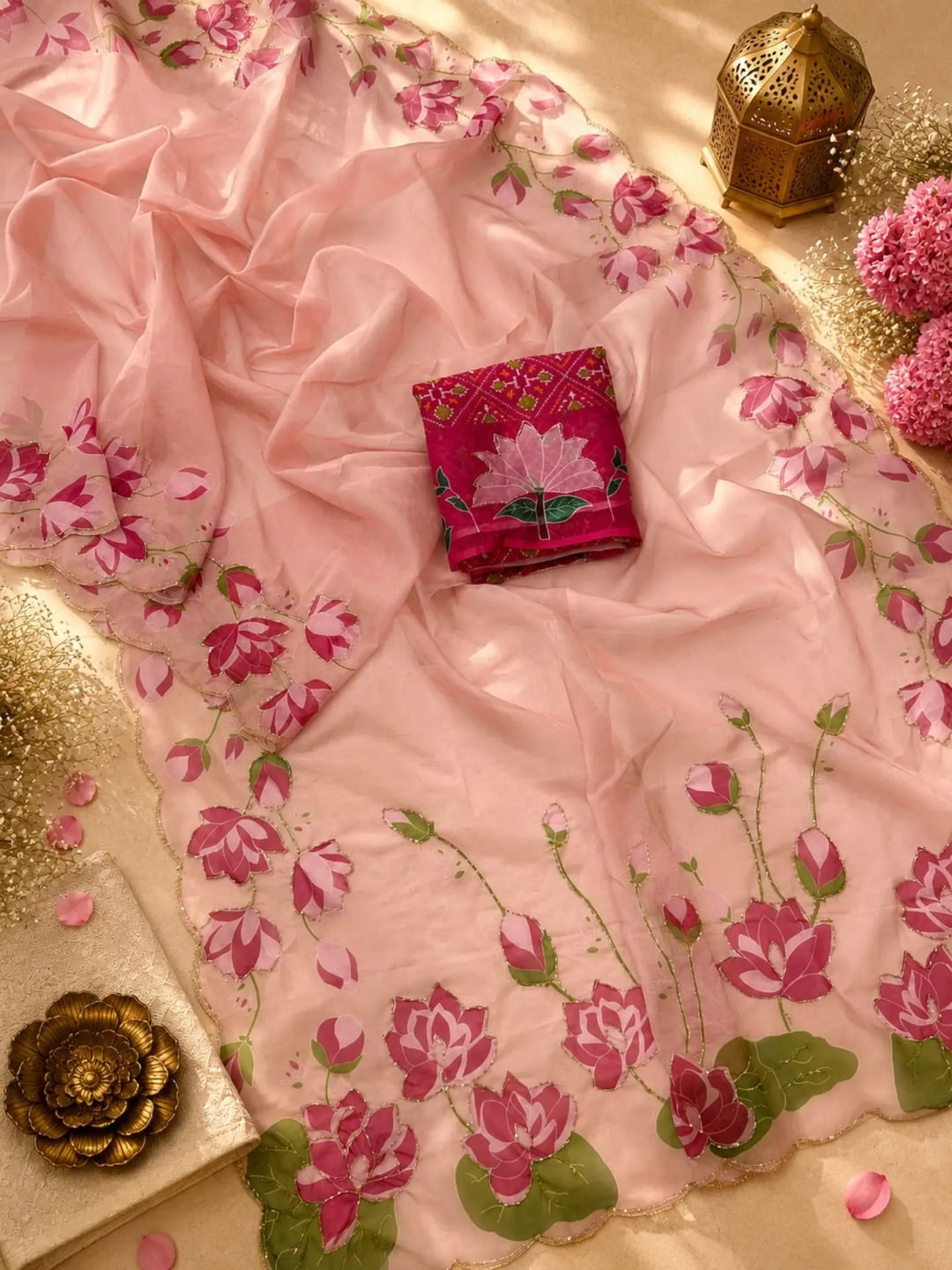 Peachmode Pink Floral Handwork Fendy Silk Saree - Image 2