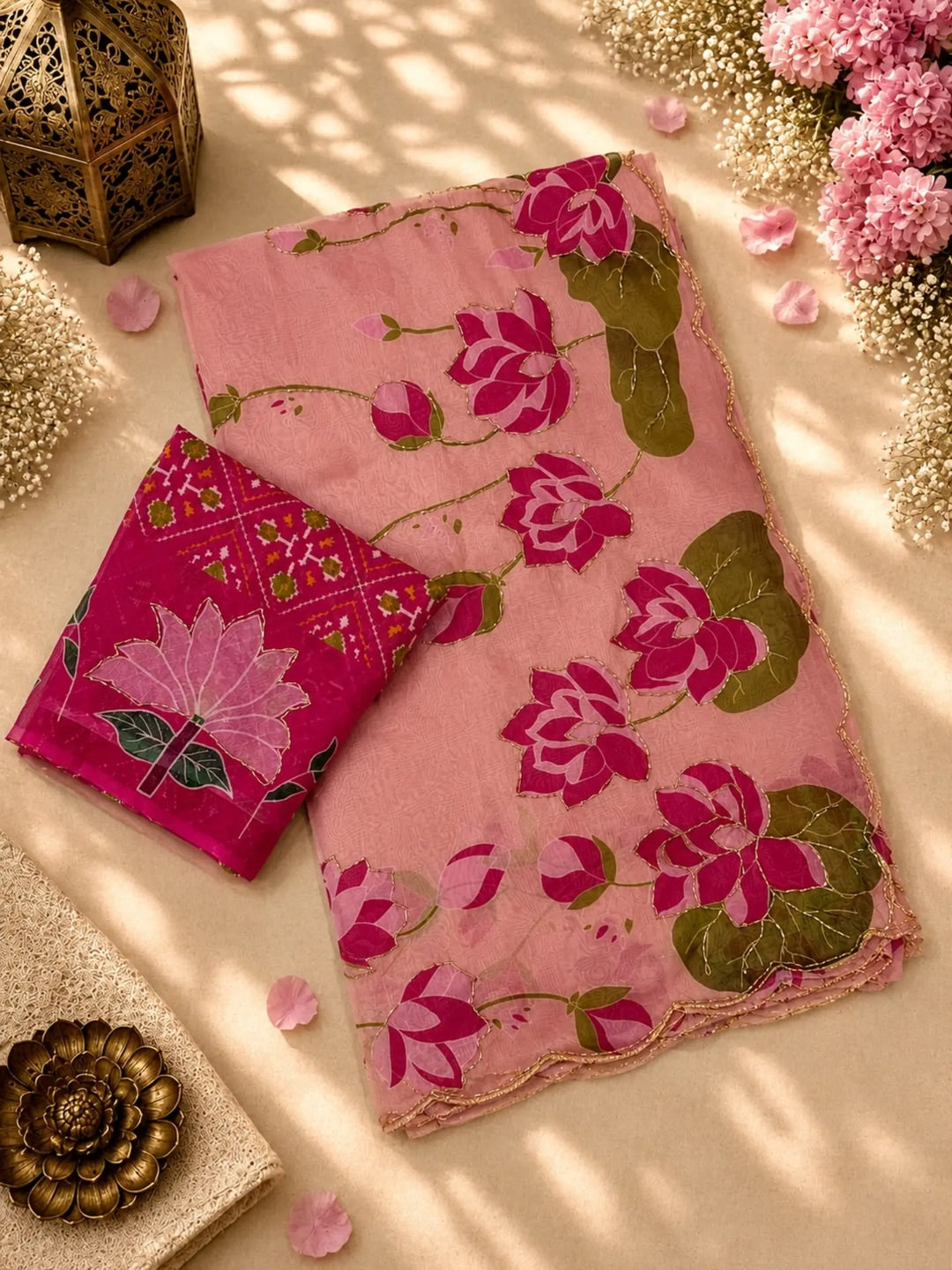 Peachmode Pink Floral Handwork Fendy Silk Saree - Image 3