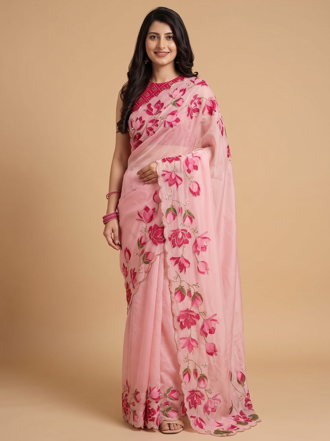 Peachmode Pink Floral Handwork Fendy Silk Saree - Image 4