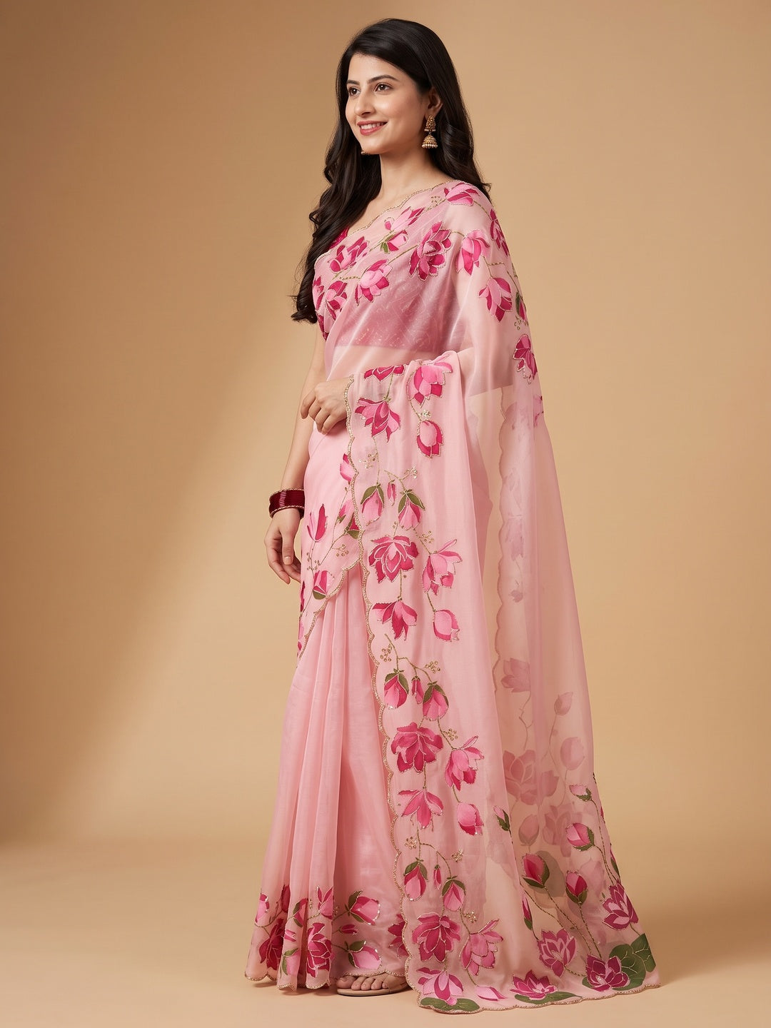 Peachmode Pink Floral Handwork Fendy Silk Saree - Image 5