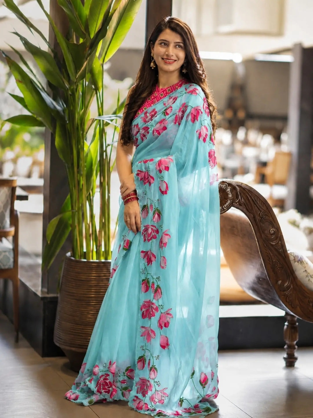 Peachmode Light Blue Floral Handwork Fendy Silk Saree - Image 1