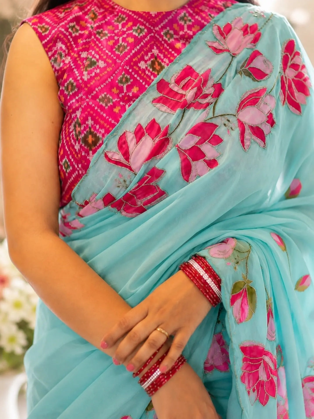 Peachmode Light Blue Floral Handwork Fendy Silk Saree - Image 2