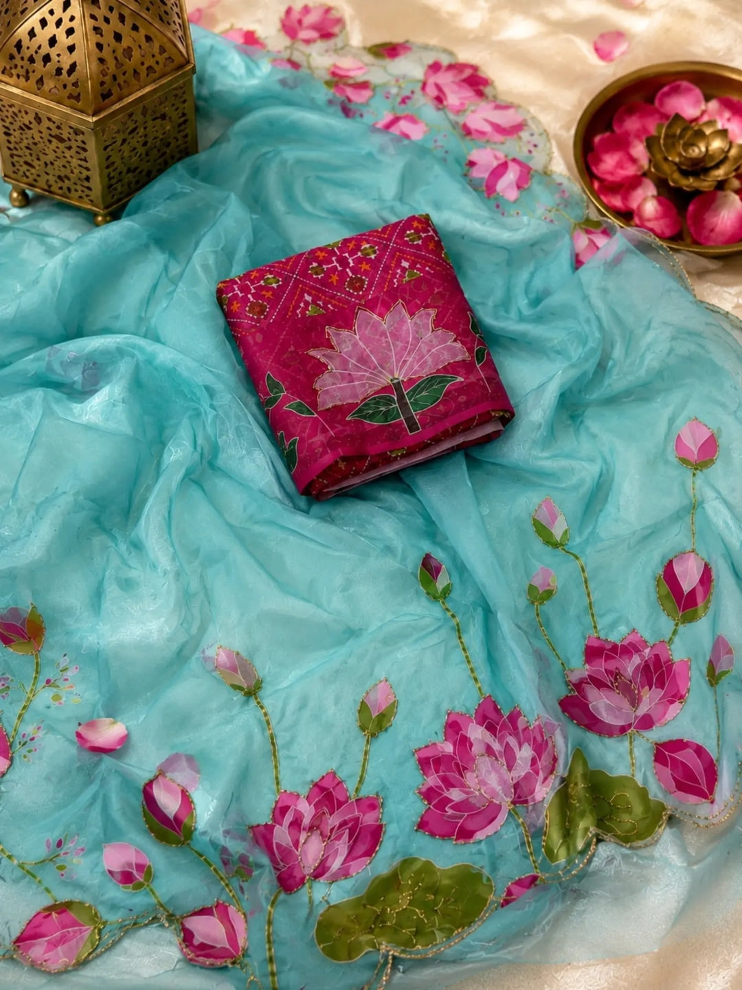 Peachmode Light Blue Floral Handwork Fendy Silk Saree - Image 4