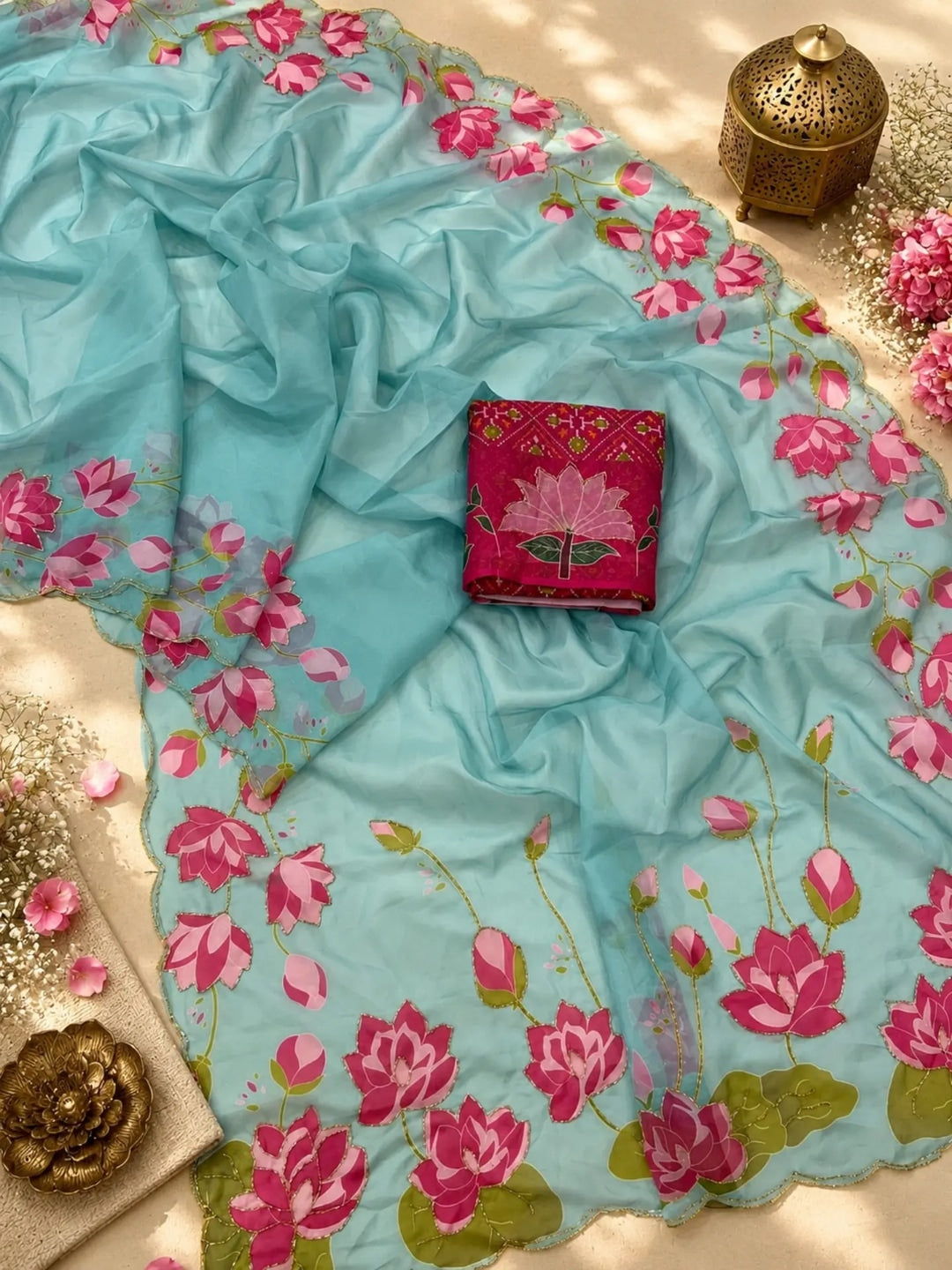 Peachmode Light Blue Floral Handwork Fendy Silk Saree - Image 5