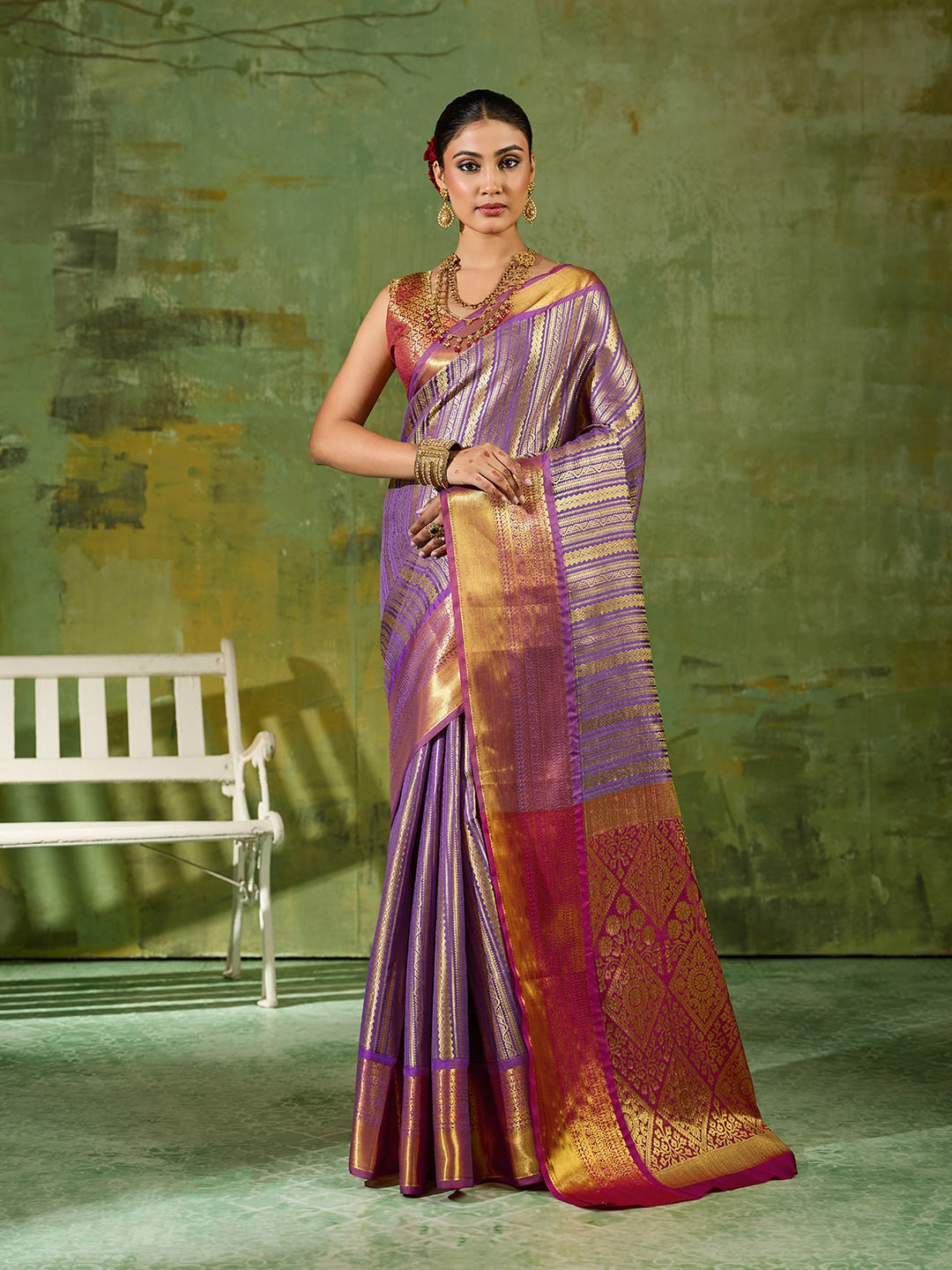 Peachmode Lavender Kanchivaram Silk Woven Saree - Image 1