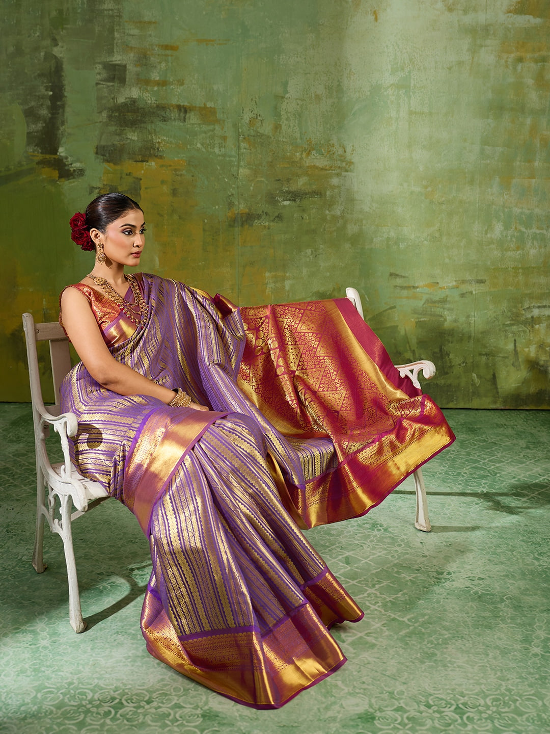 Peachmode Lavender Kanchivaram Silk Woven Saree - Image 4