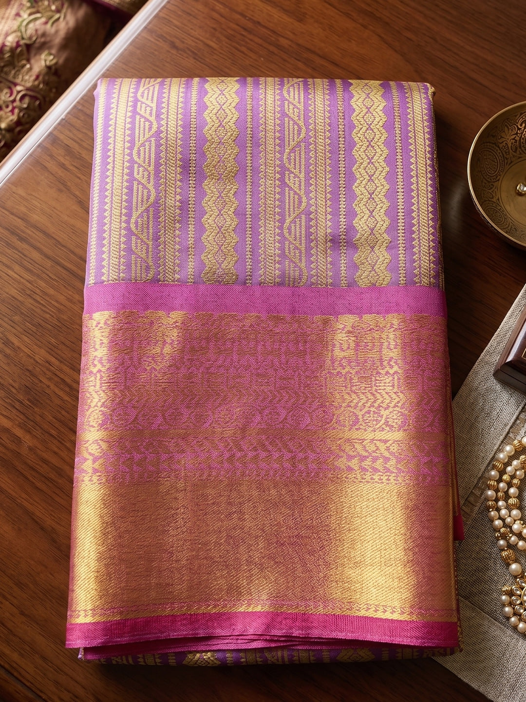 Peachmode Lavender Kanchivaram Silk Woven Saree - Image 5