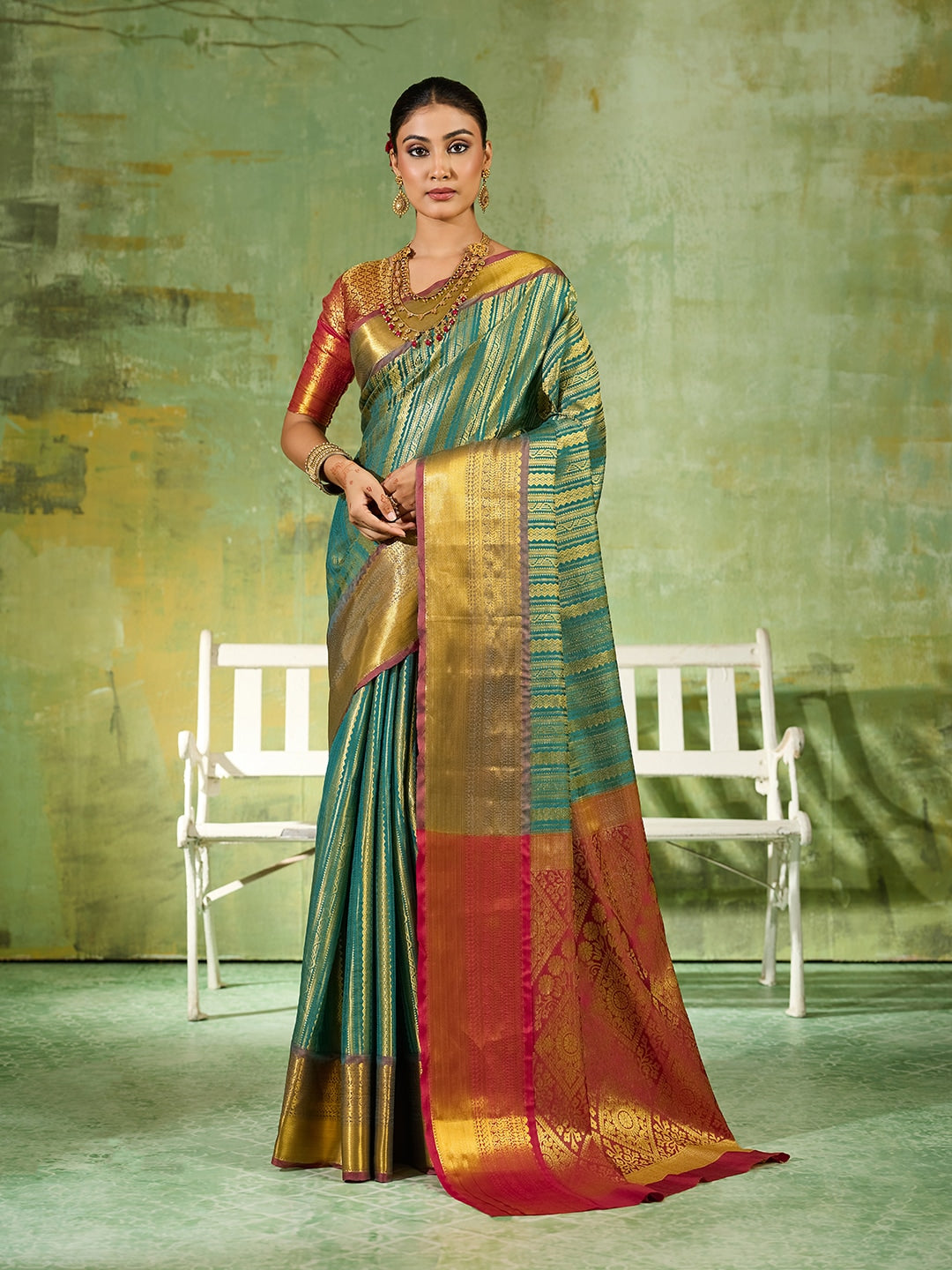 Peachmode Rama Green Kanchivaram Silk Woven Saree - Image 1