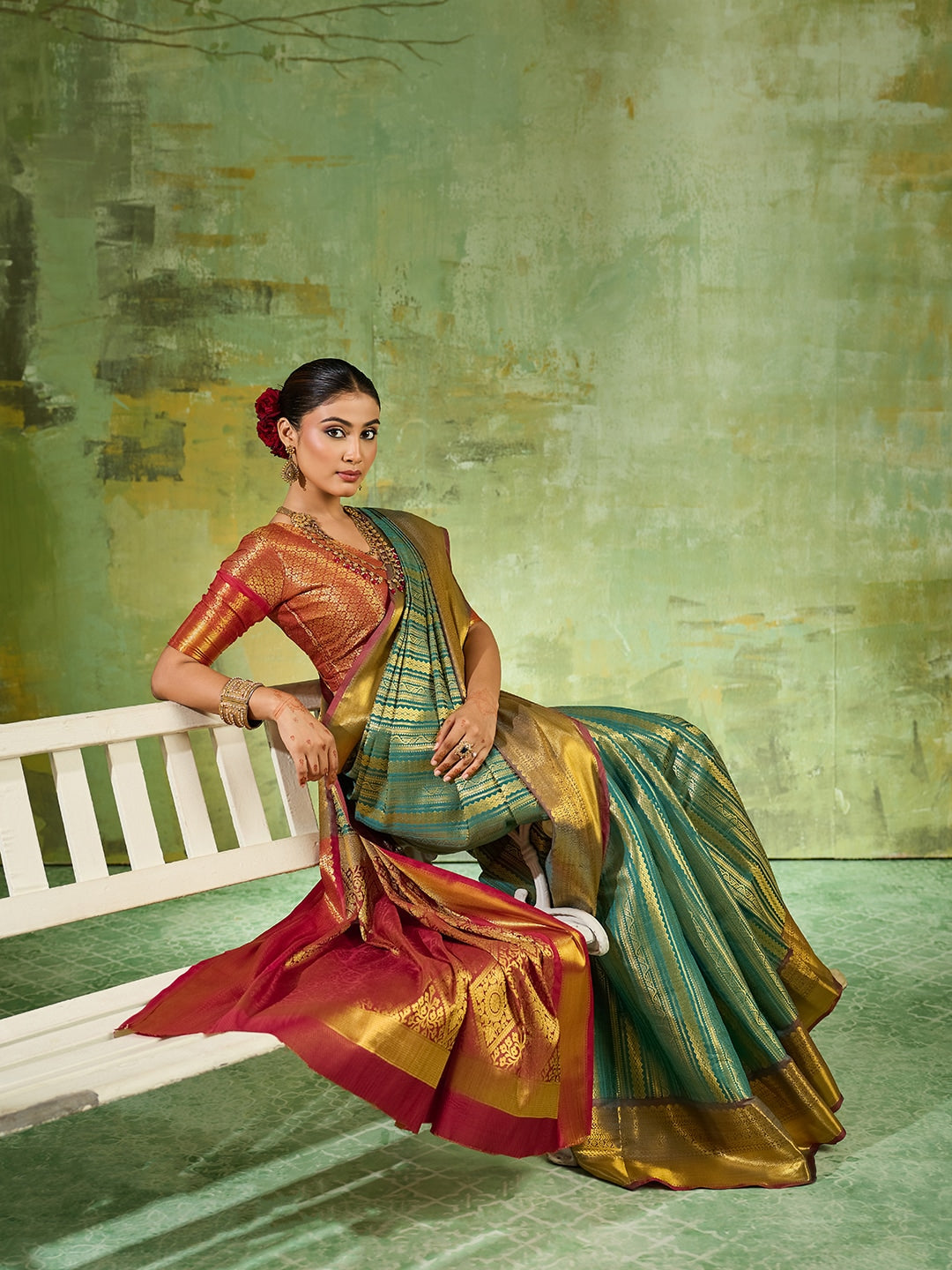 Peachmode Rama Green Kanchivaram Silk Woven Saree - Image 4