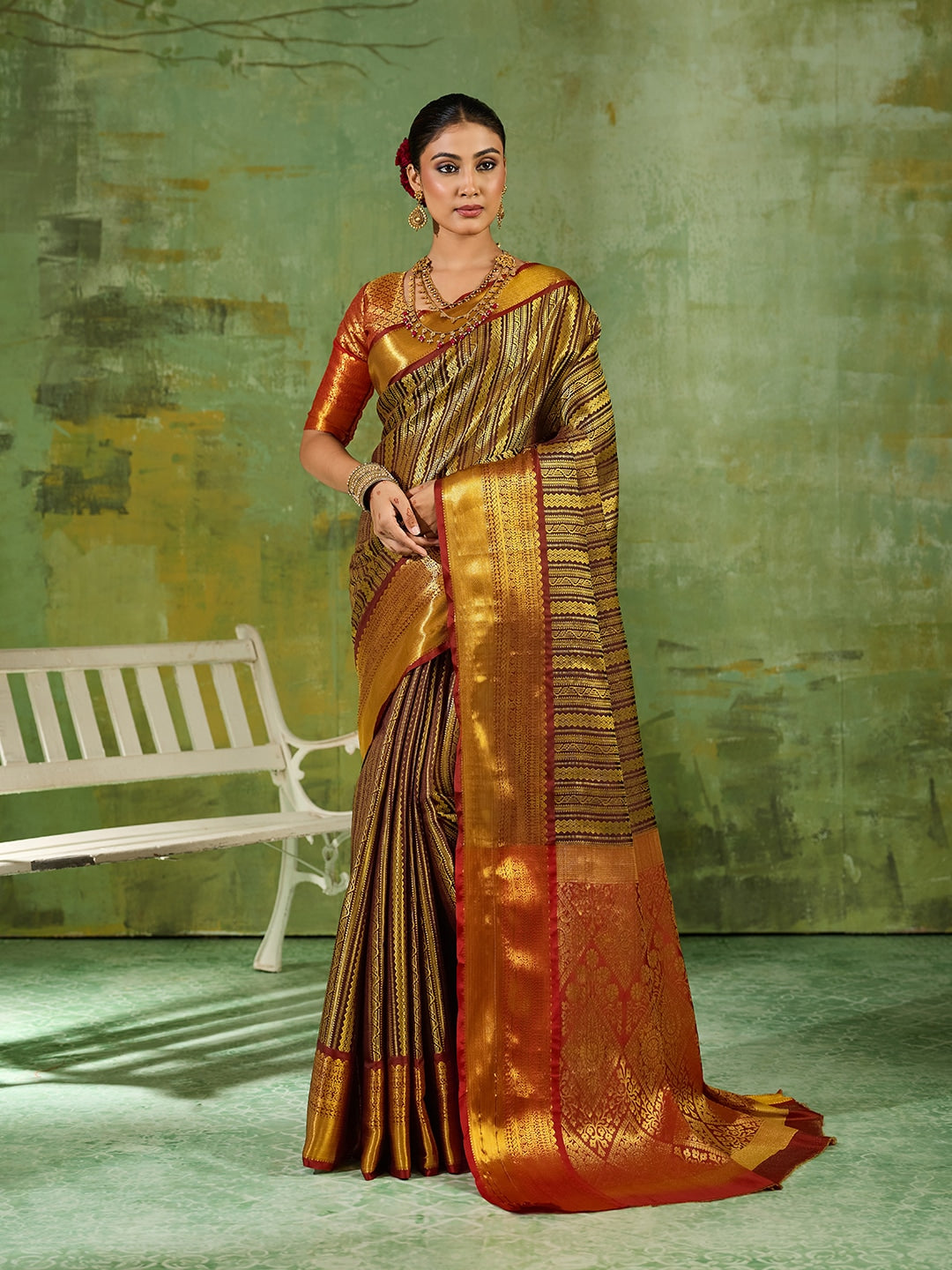 Peachmode Brown Kanchivaram Silk Woven Saree - Image 1