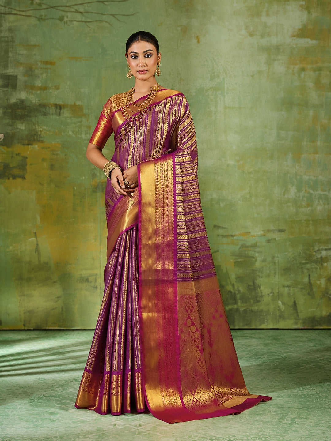 Peachmode Purple Kanchivaram Silk Woven Saree - Image 1