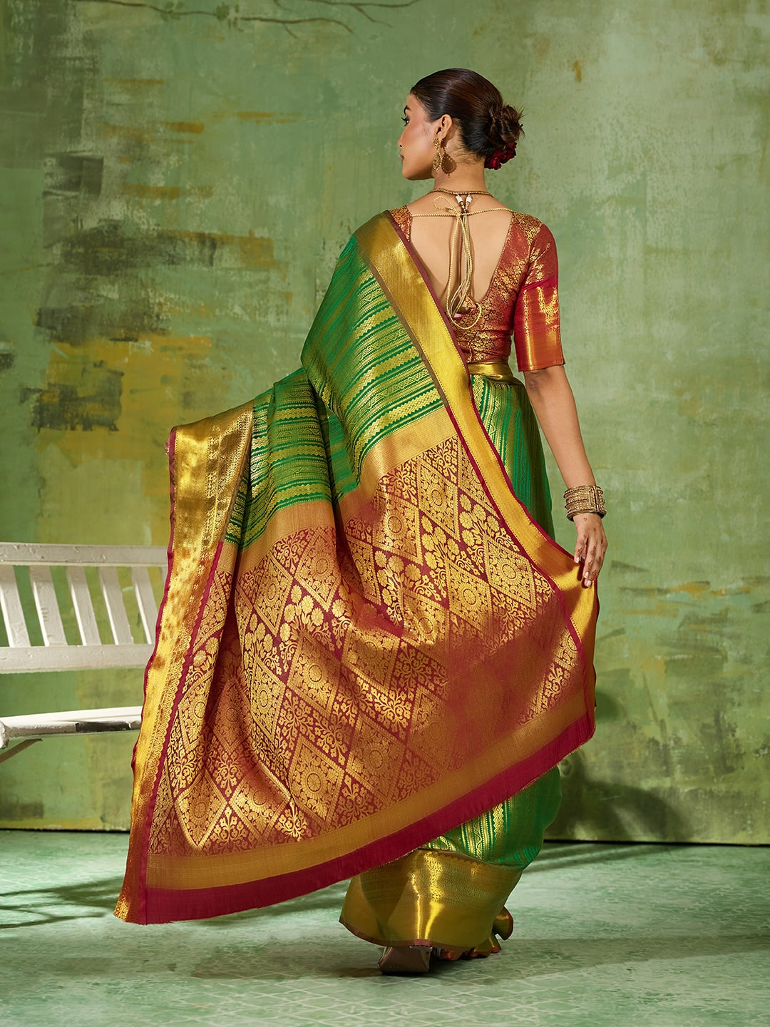 Peachmode Green Kanchivaram Silk Woven Saree - Image 3