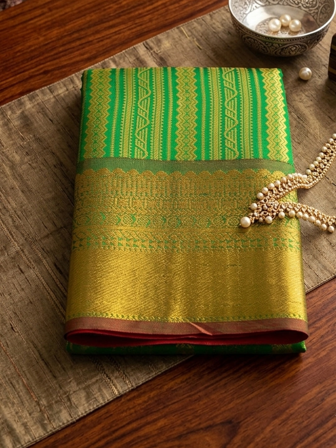 Peachmode Green Kanchivaram Silk Woven Saree - Image 5