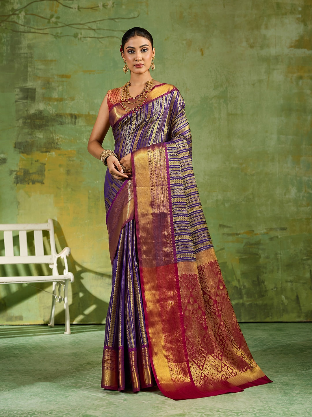 Peachmode Royal Blue Kanchivaram Silk Woven Saree - Image 1