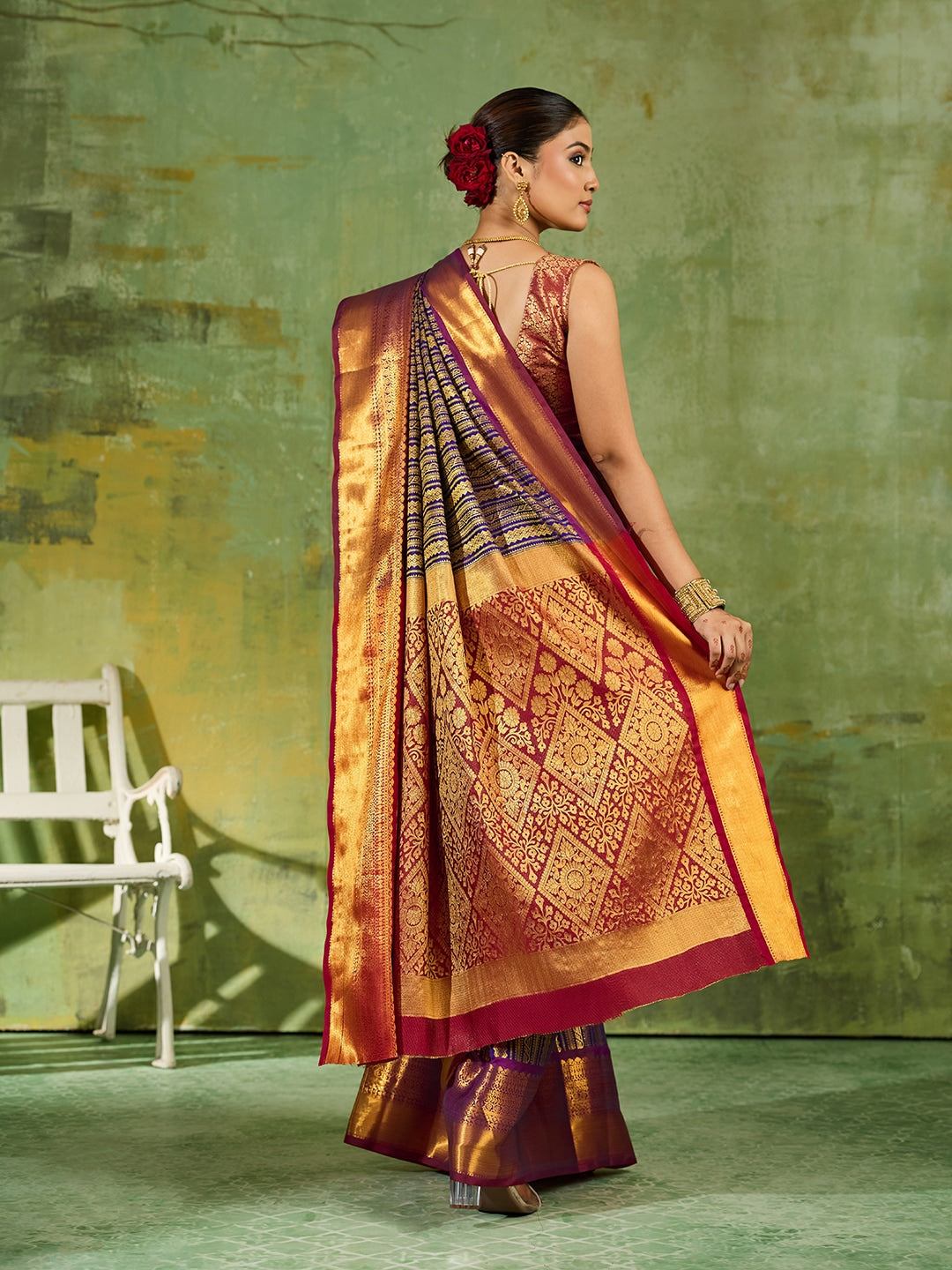 Peachmode Royal Blue Kanchivaram Silk Woven Saree - Image 3