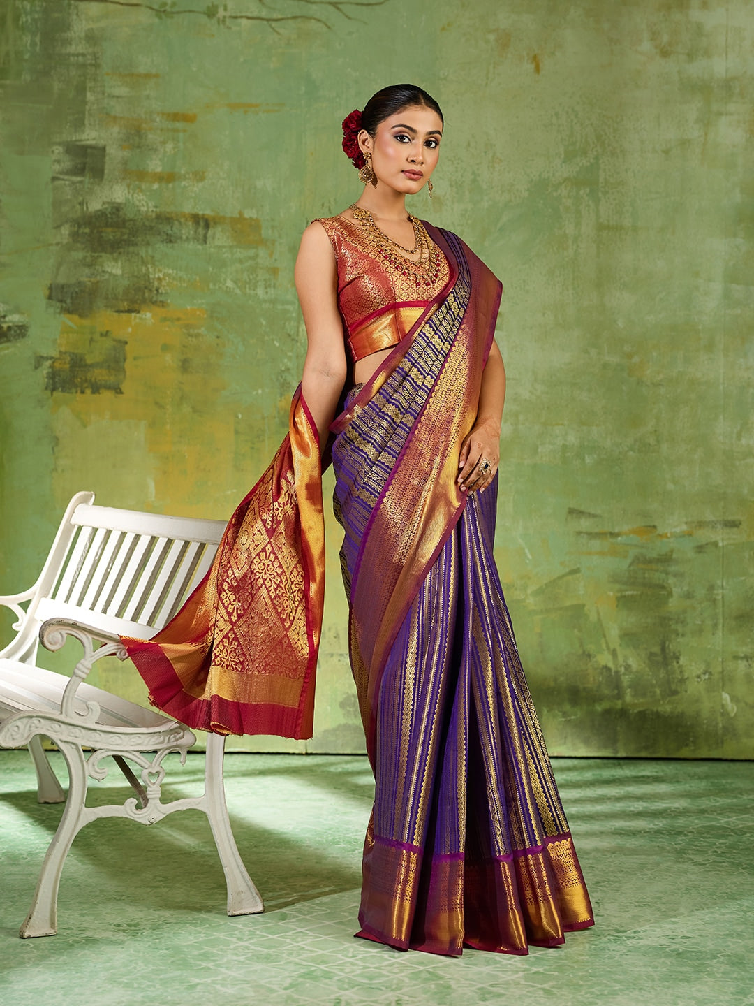 Peachmode Royal Blue Kanchivaram Silk Woven Saree - Image 4