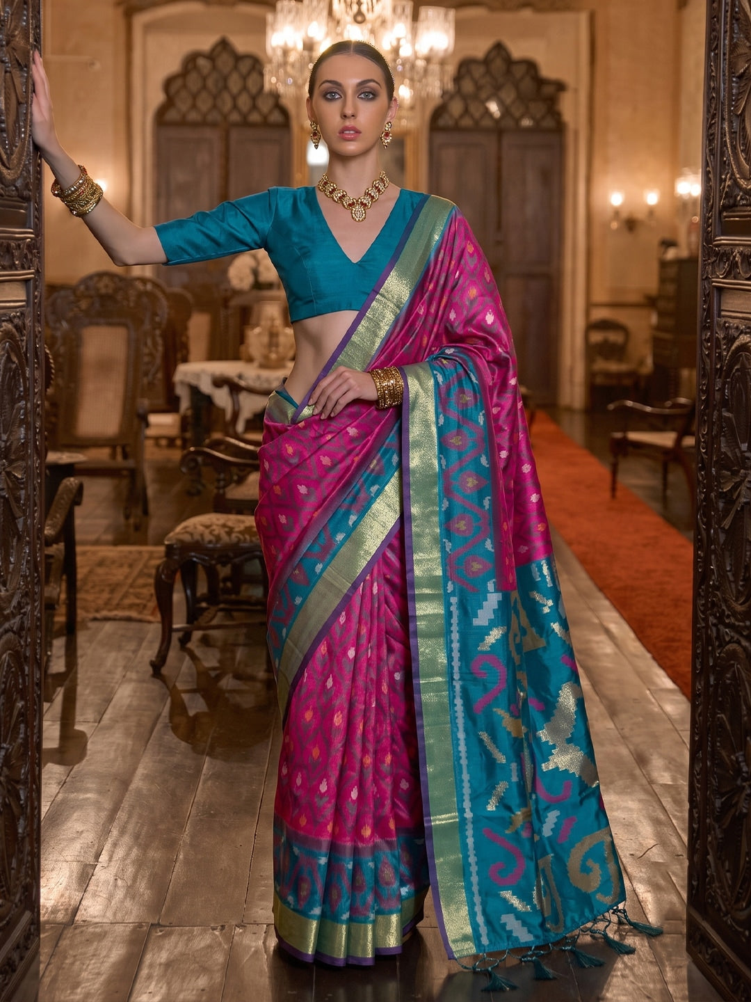 Peachmode Rani Pink Soft Silk Woven Saree - Image 1