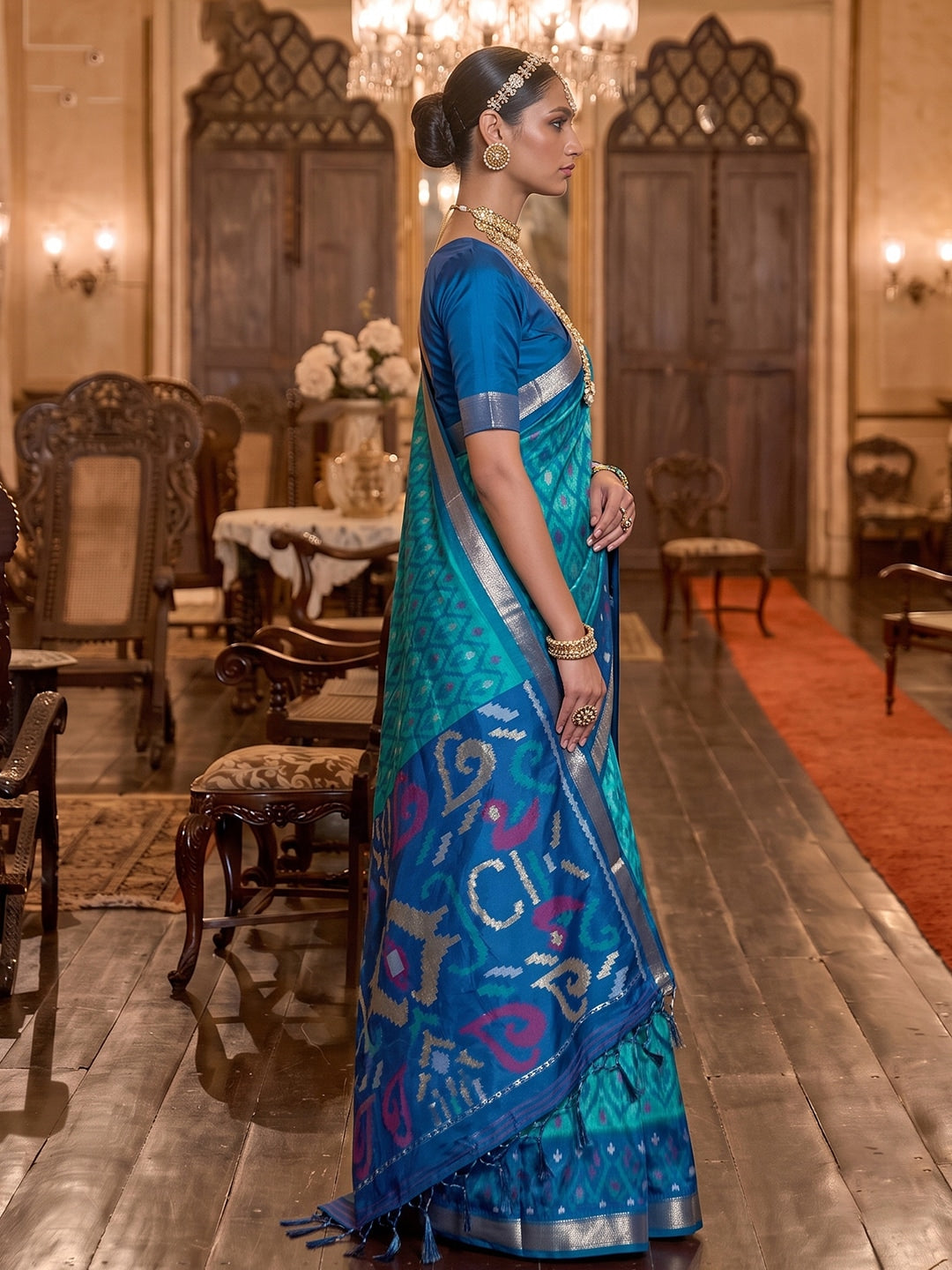 Peachmode Sky Blue Soft Silk Woven Saree - Image 3