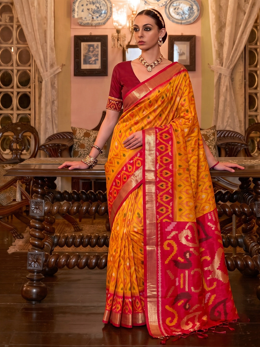 Peachmode Mustard Soft Silk Woven Saree - Image 1