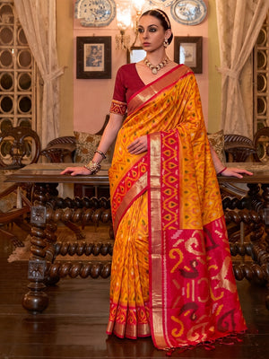 Peachmode Mustard Soft Silk Woven Saree - Image 1