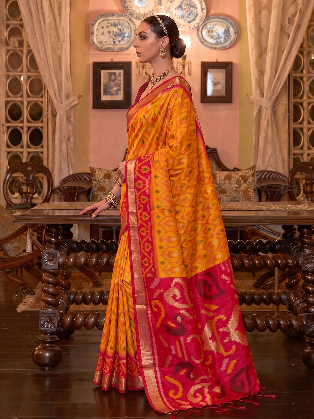 Peachmode Mustard Soft Silk Woven Saree - Image 3