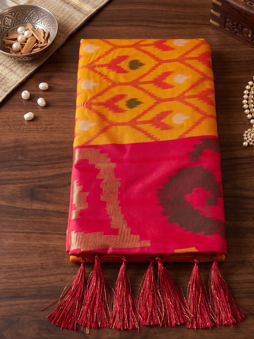 Peachmode Mustard Soft Silk Woven Saree - Image 4