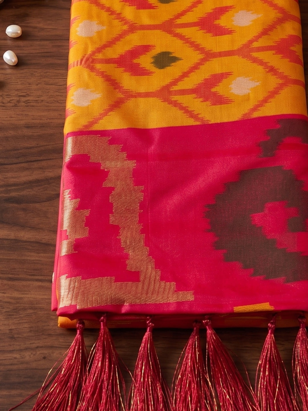 Peachmode Mustard Soft Silk Woven Saree - Image 5