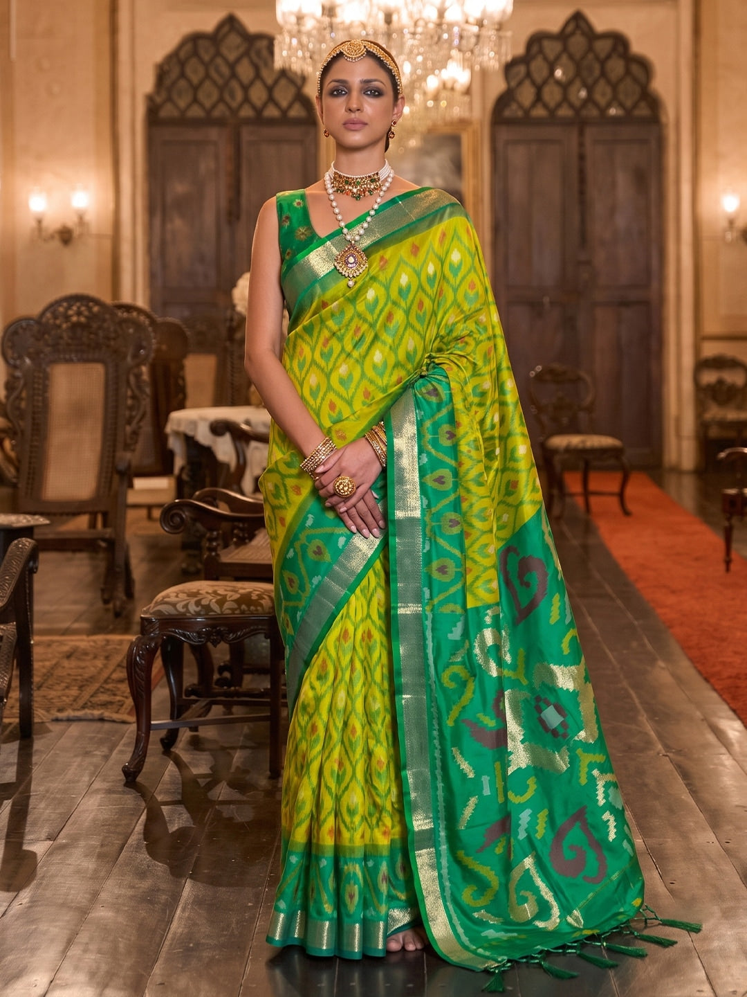 Peachmode Mehandi Green Soft Silk Woven Saree - Image 1