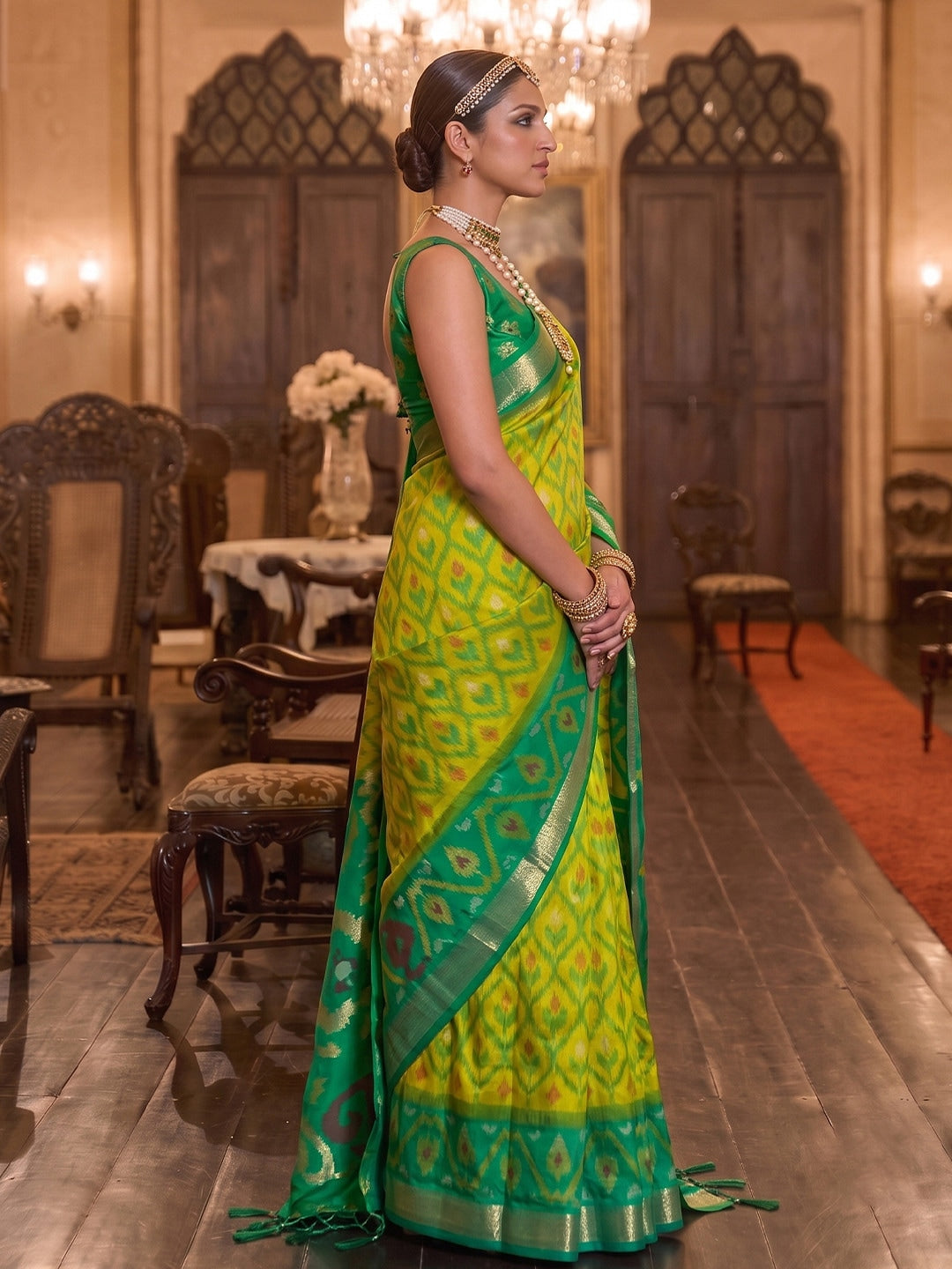 Peachmode Mehandi Green Soft Silk Woven Saree - Image 3