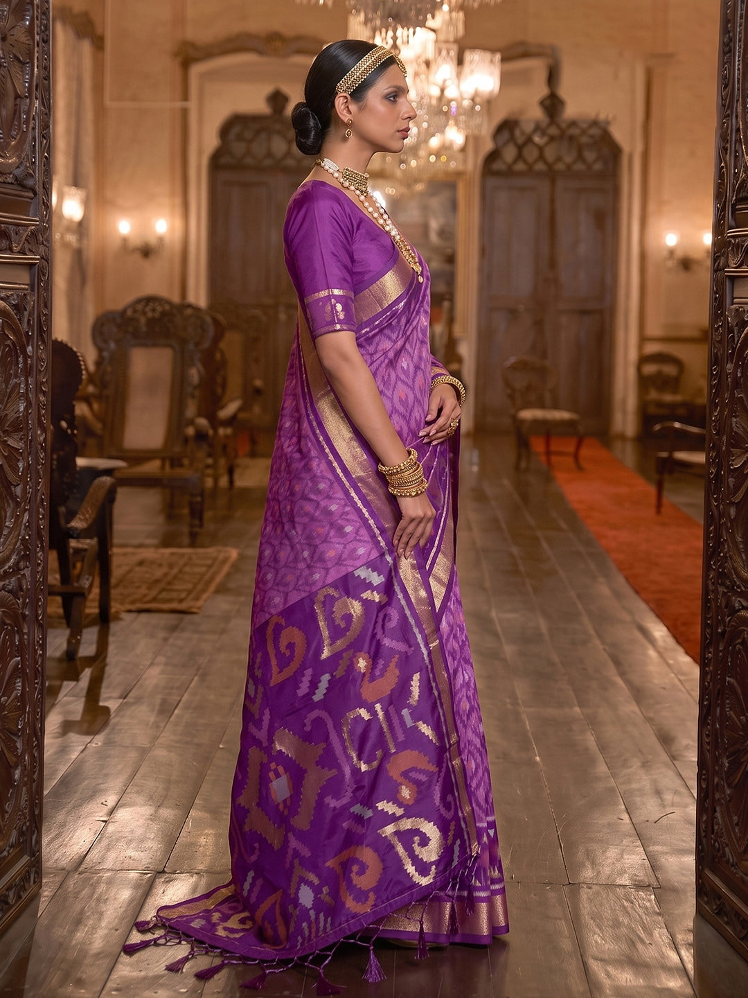 Peachmode Lavender Soft Silk Woven Saree - Image 3