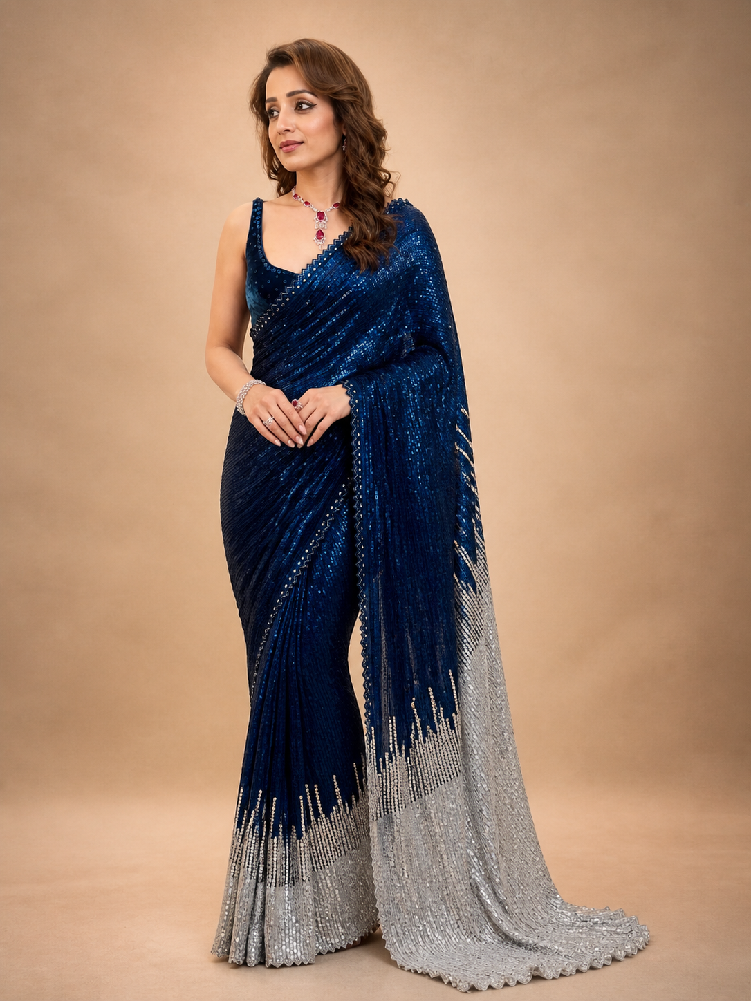 Peachmode Navy Blue Sequins Embellished Georgette Saree - Image 1