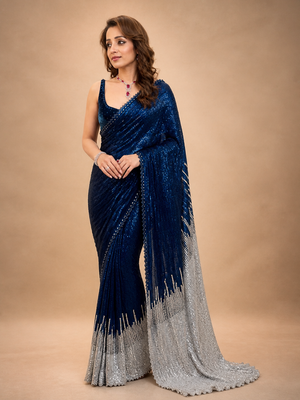 Peachmode Navy Blue Sequins Embellished Georgette Saree - Image 1