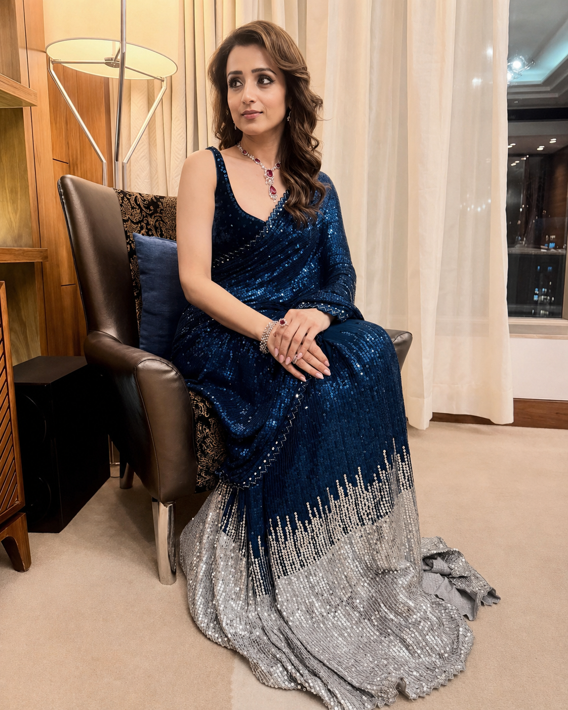 Peachmode Navy Blue Sequins Embellished Georgette Saree - Image 2