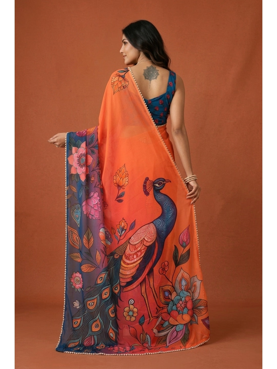Peachmode Blue & Orange Peacock Digital Print Georgette Saree - Image 2
