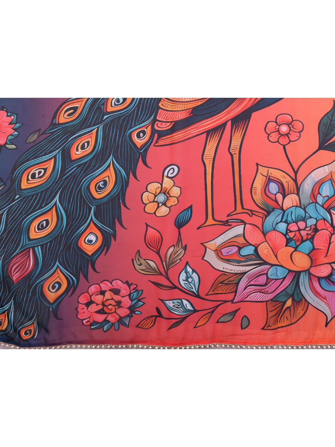 Peachmode Blue & Orange Peacock Digital Print Georgette Saree - Image 3