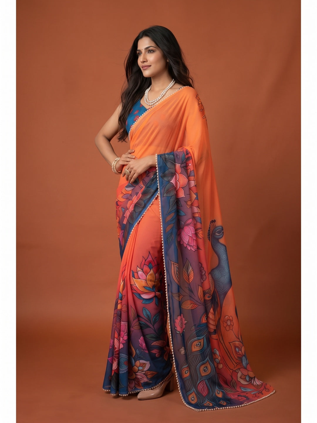 Peachmode Blue & Orange Peacock Digital Print Georgette Saree - Image 4