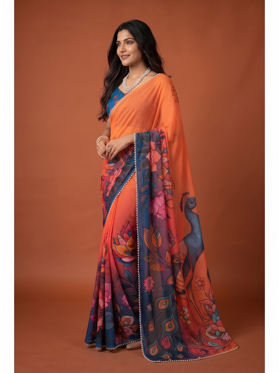 Peachmode Blue & Orange Peacock Digital Print Georgette Saree - Image 5