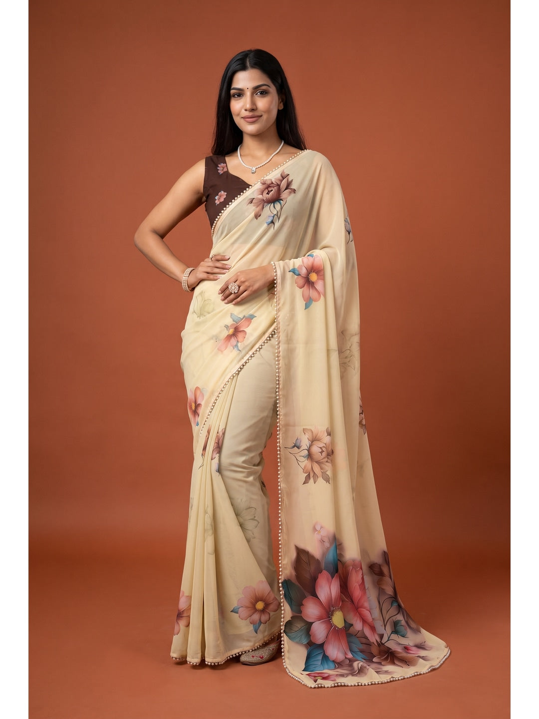 Peachmode Cream Floral Digital Print Georgette Saree - Image 1