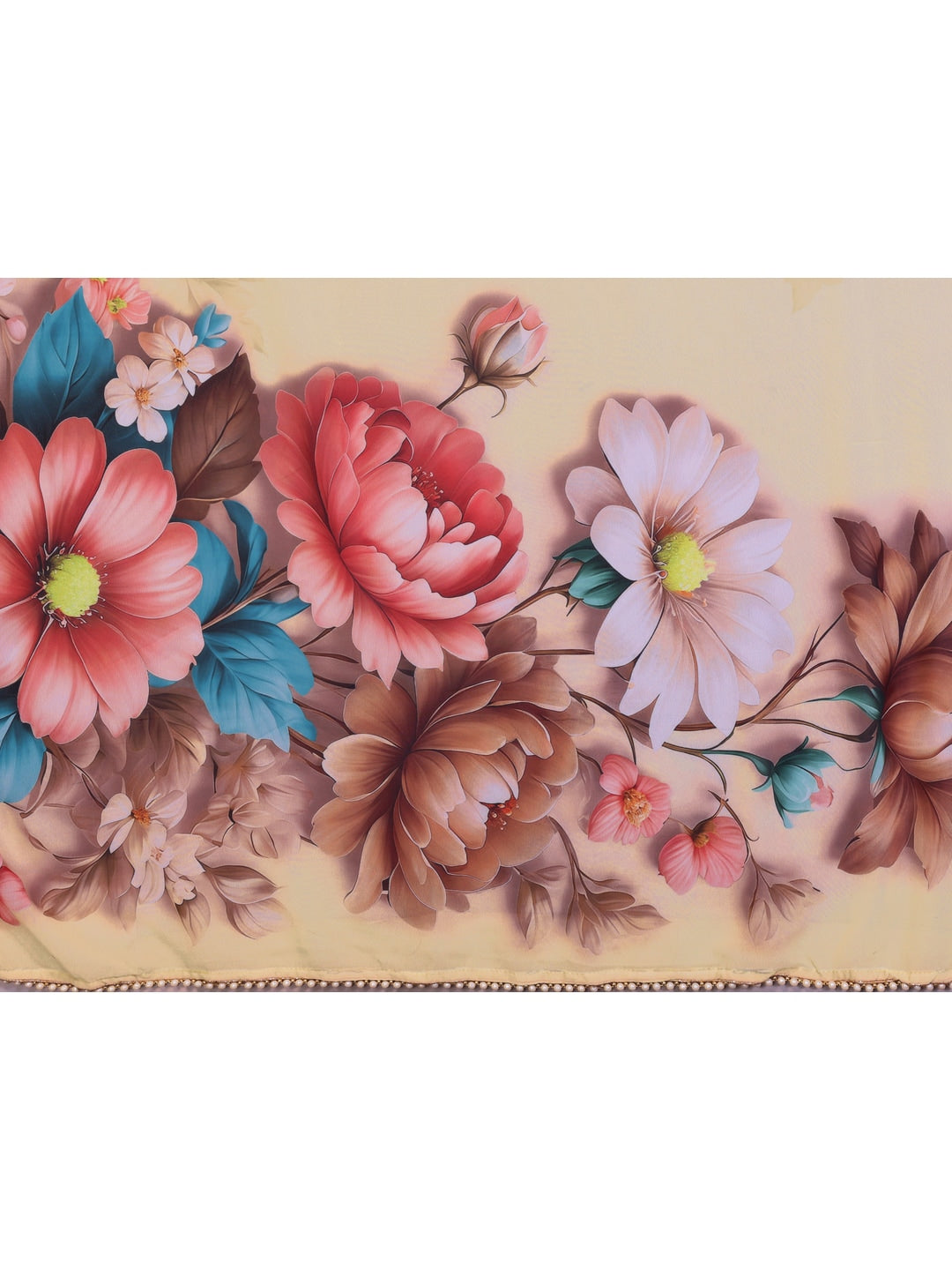 Peachmode Cream Floral Digital Print Georgette Saree - Image 3