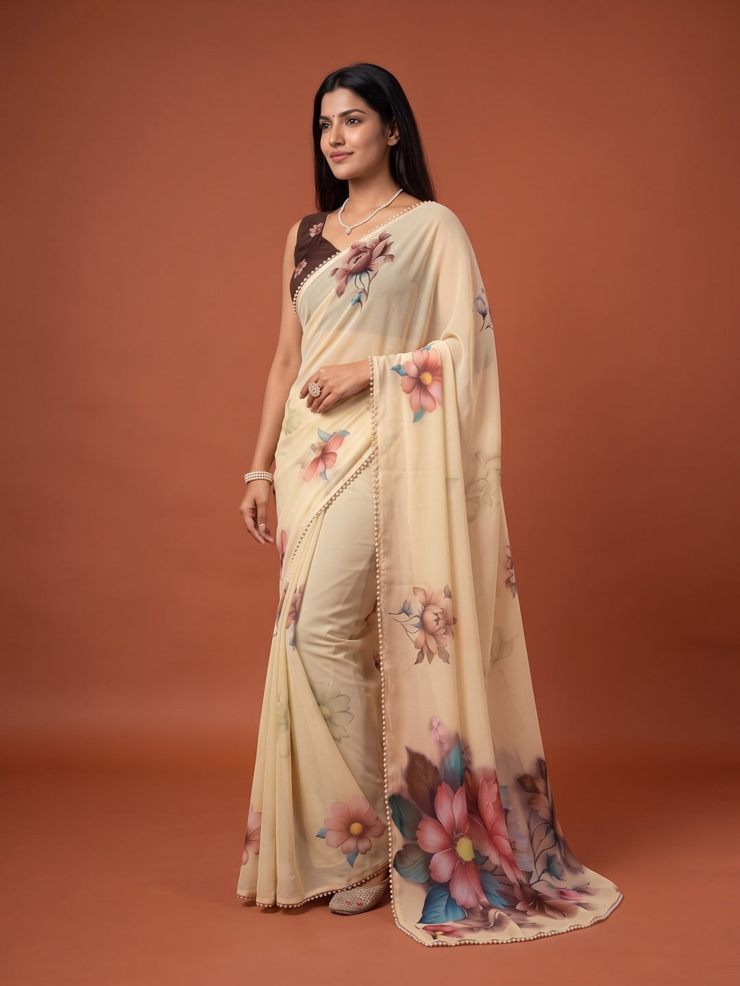 Peachmode Cream Floral Digital Print Georgette Saree - Image 4