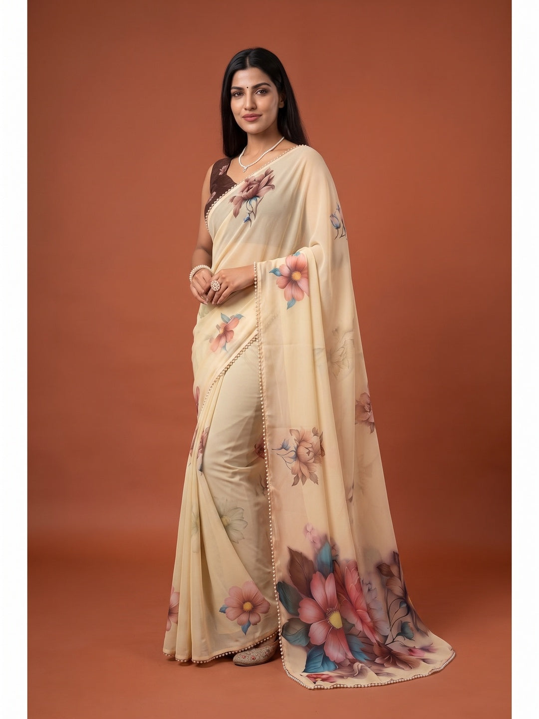 Peachmode Cream Floral Digital Print Georgette Saree - Image 5