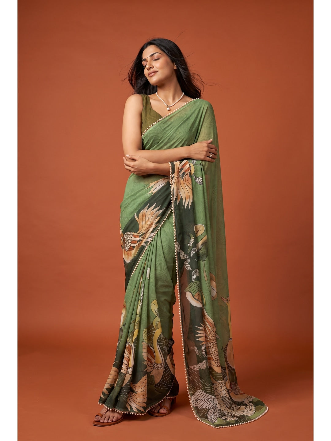 Peachmode Green Peacock Digital Print Georgette Saree - Image 1