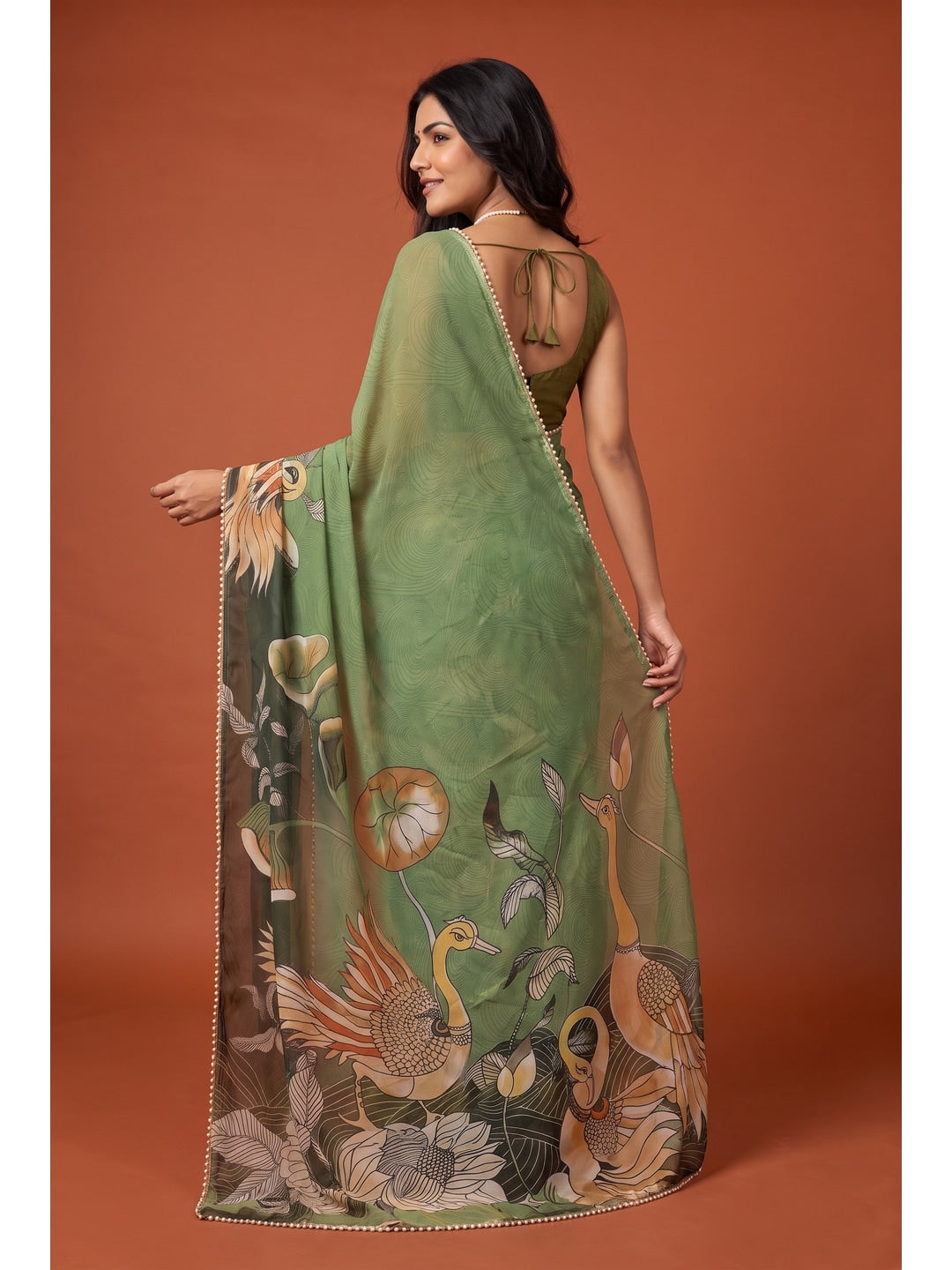 Peachmode Green Peacock Digital Print Georgette Saree - Image 2