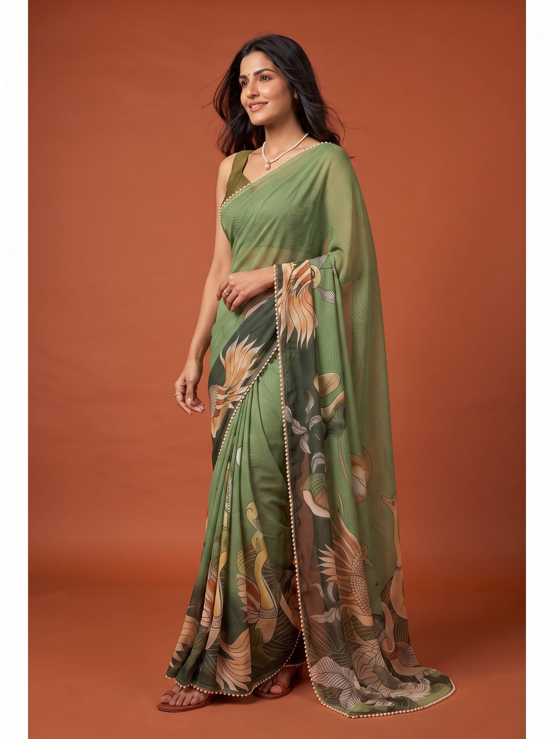 Peachmode Green Peacock Digital Print Georgette Saree - Image 5